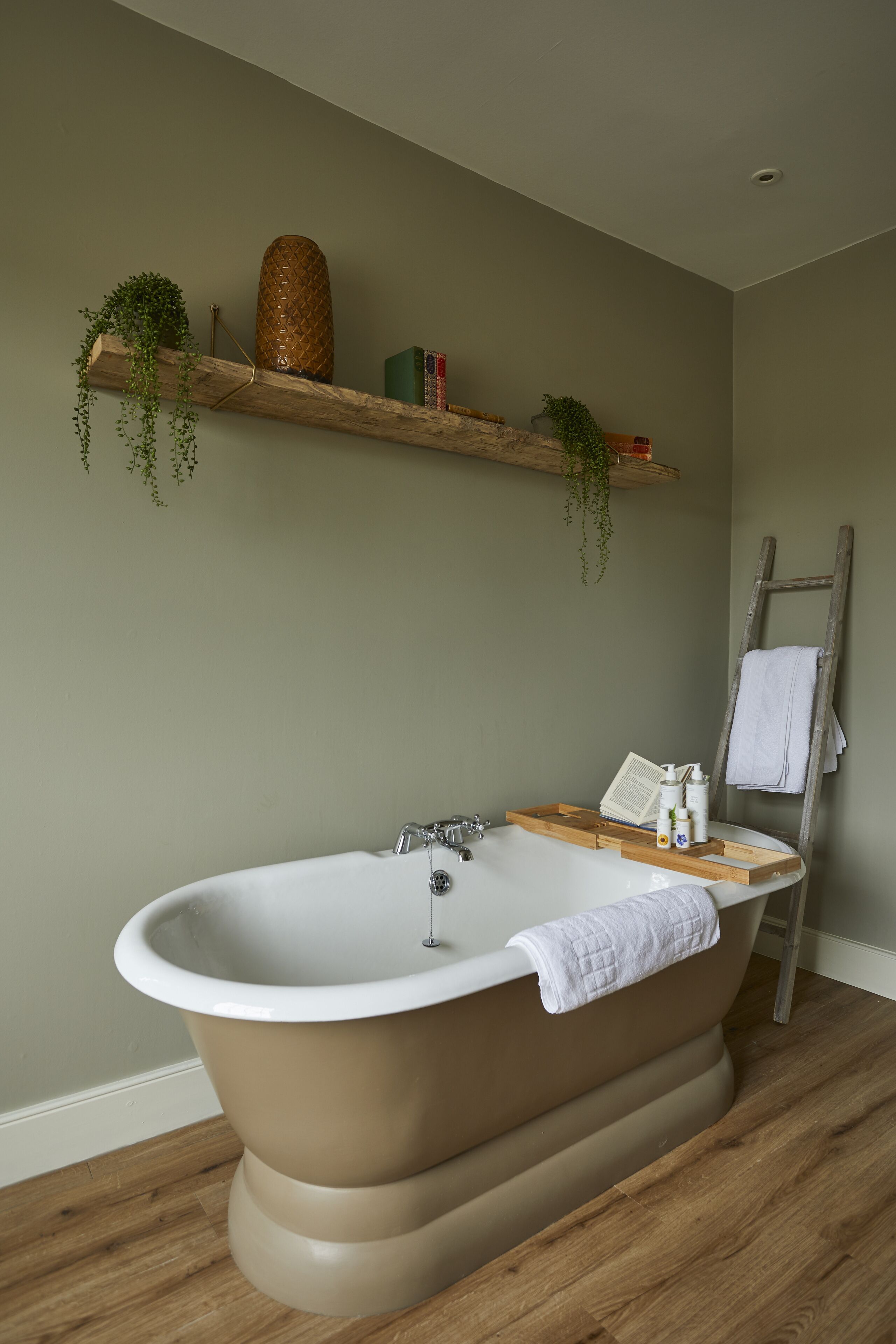 A bathroom with a freestanding bathtub, wooden shelves with plants, and a ladder against the wall.