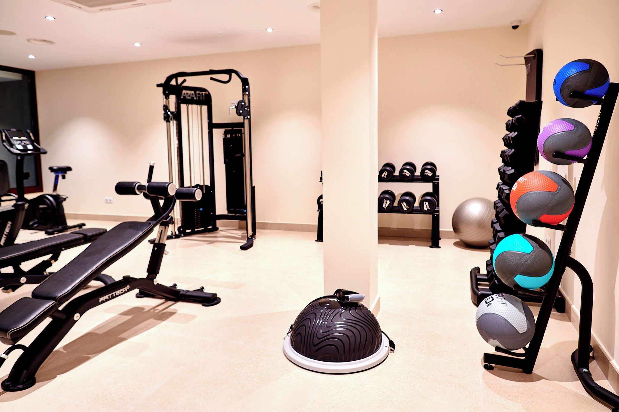 A gym with exercise equipment, a weight rack, and a treadmill.