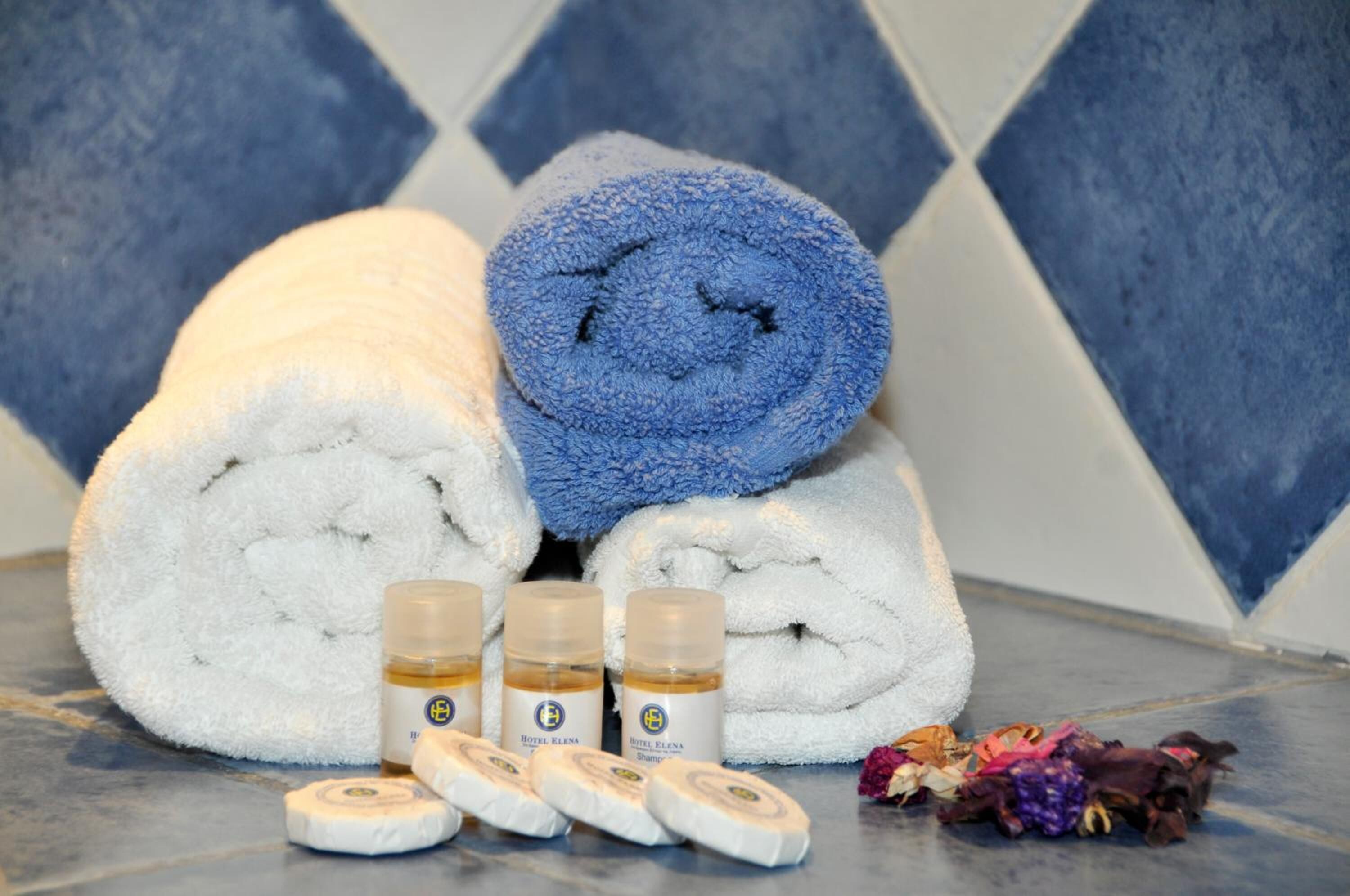 A bathroom with a blue and white tiled wall, a white towel, a blue towel, and three bottles of Hotel Elena shampoo.