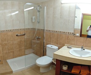 Ein Badezimmer mit Duschkabine, Toilette und Waschbecken.