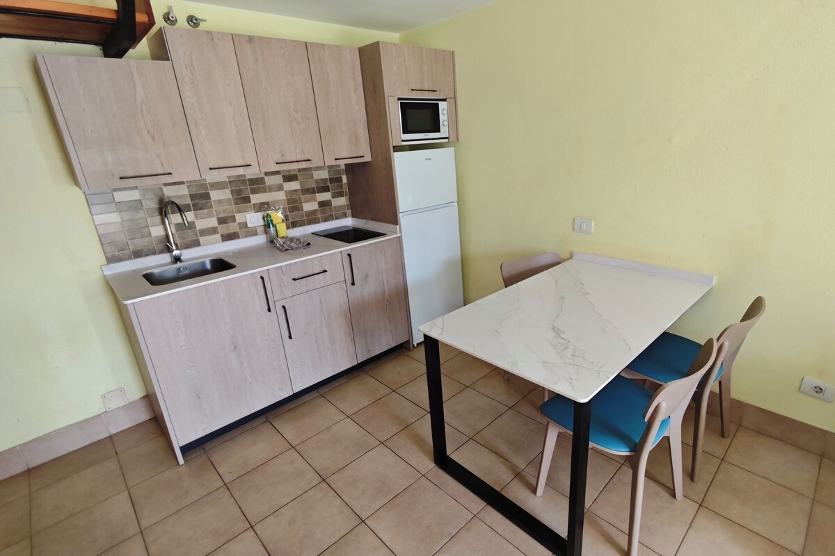 Eine kompakte Küche mit Spüle, Mikrowelle und kleinem Kühlschrank. Ein Esstisch mit Stühlen steht bereit.