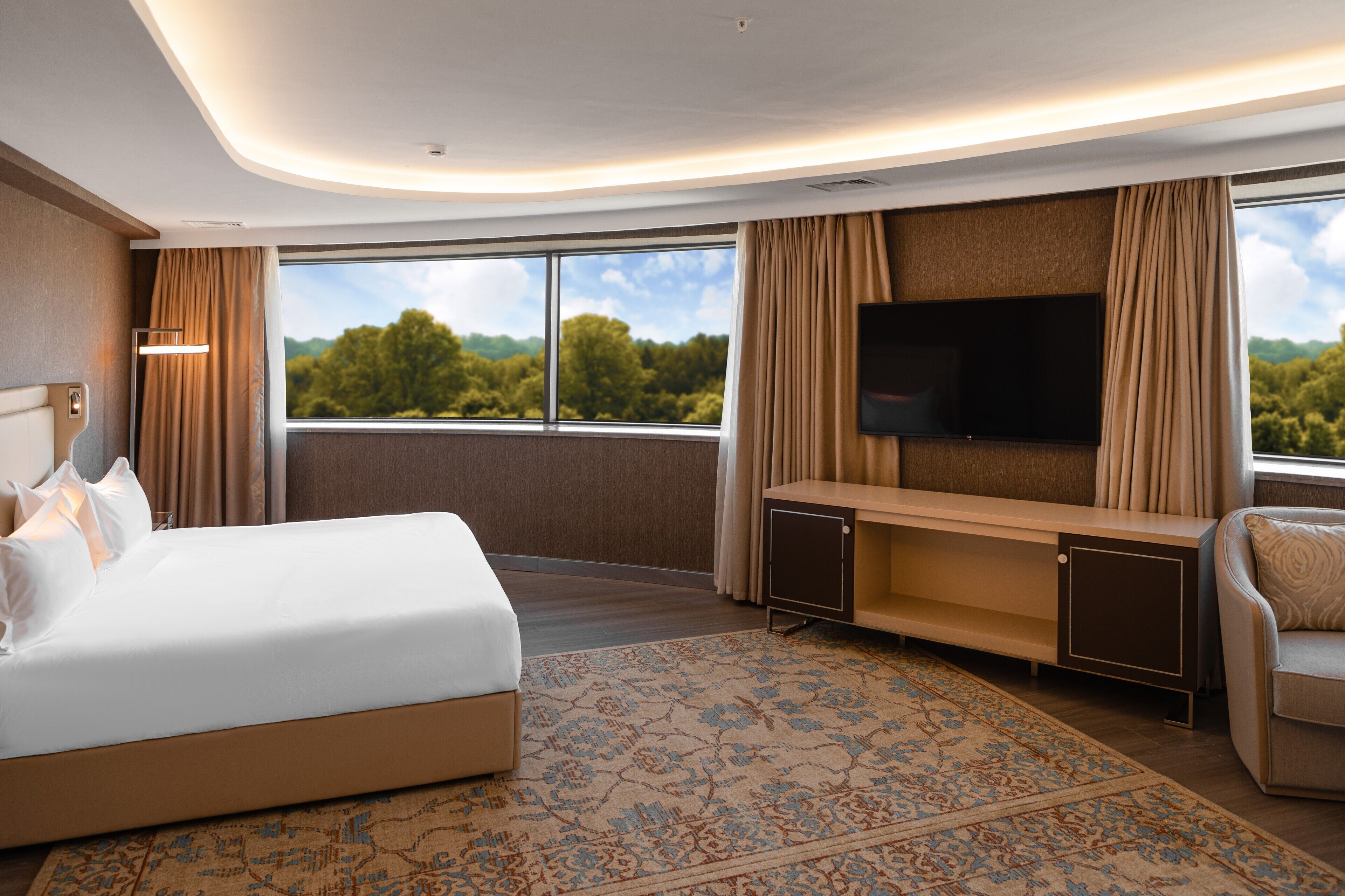 A modern hotel room with a large bed, a flat-screen TV, a seating area, and a view of the outdoors.