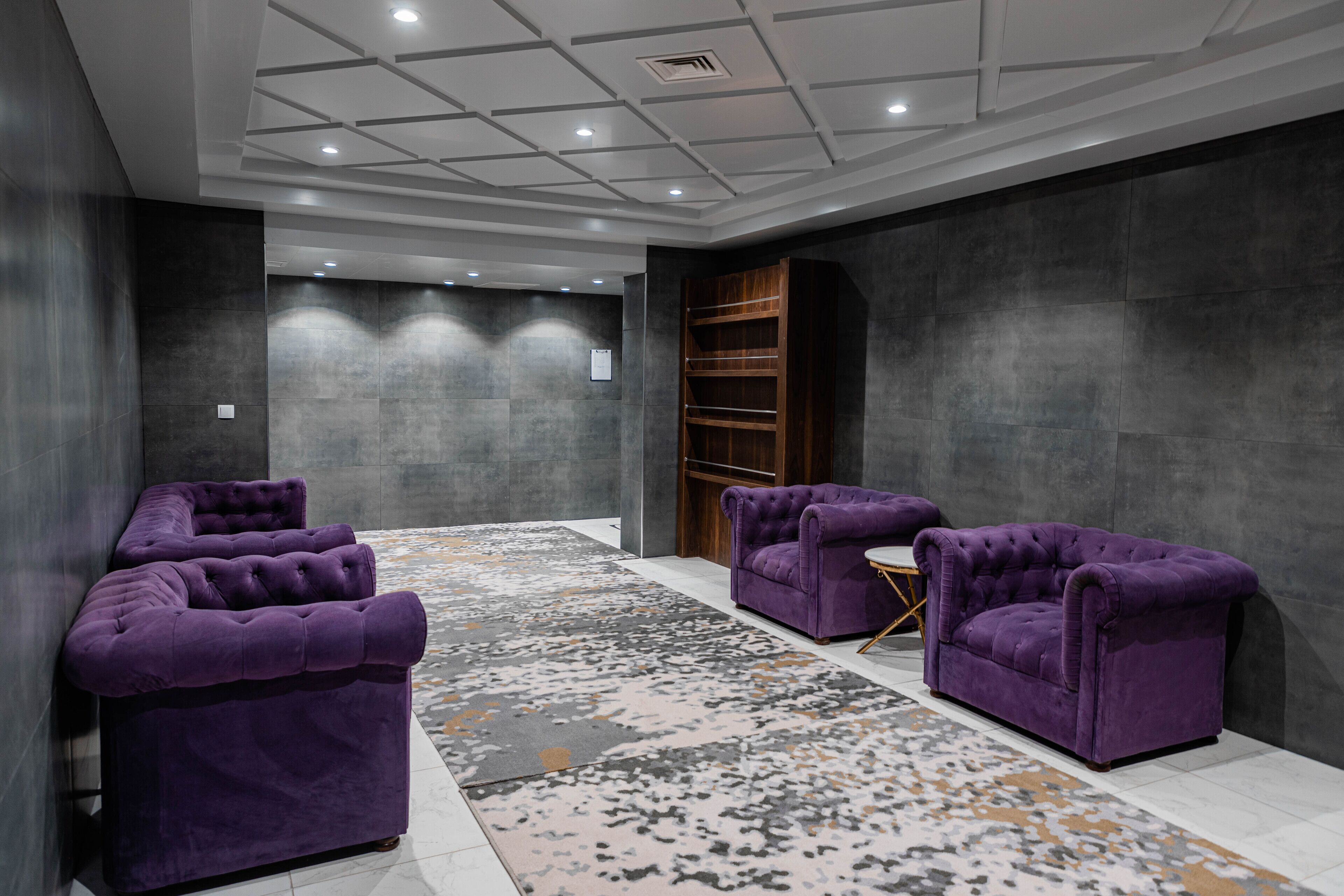 Una habitación moderna con alfombra estampada, dos sofás morados, una estantería de madera e iluminación empotrada en el techo.