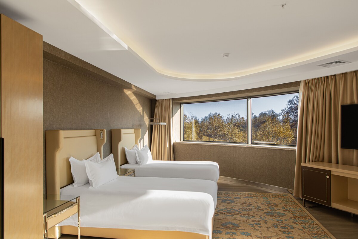 A hotel room with a large bed, a desk, a TV, and a window with curtains.
