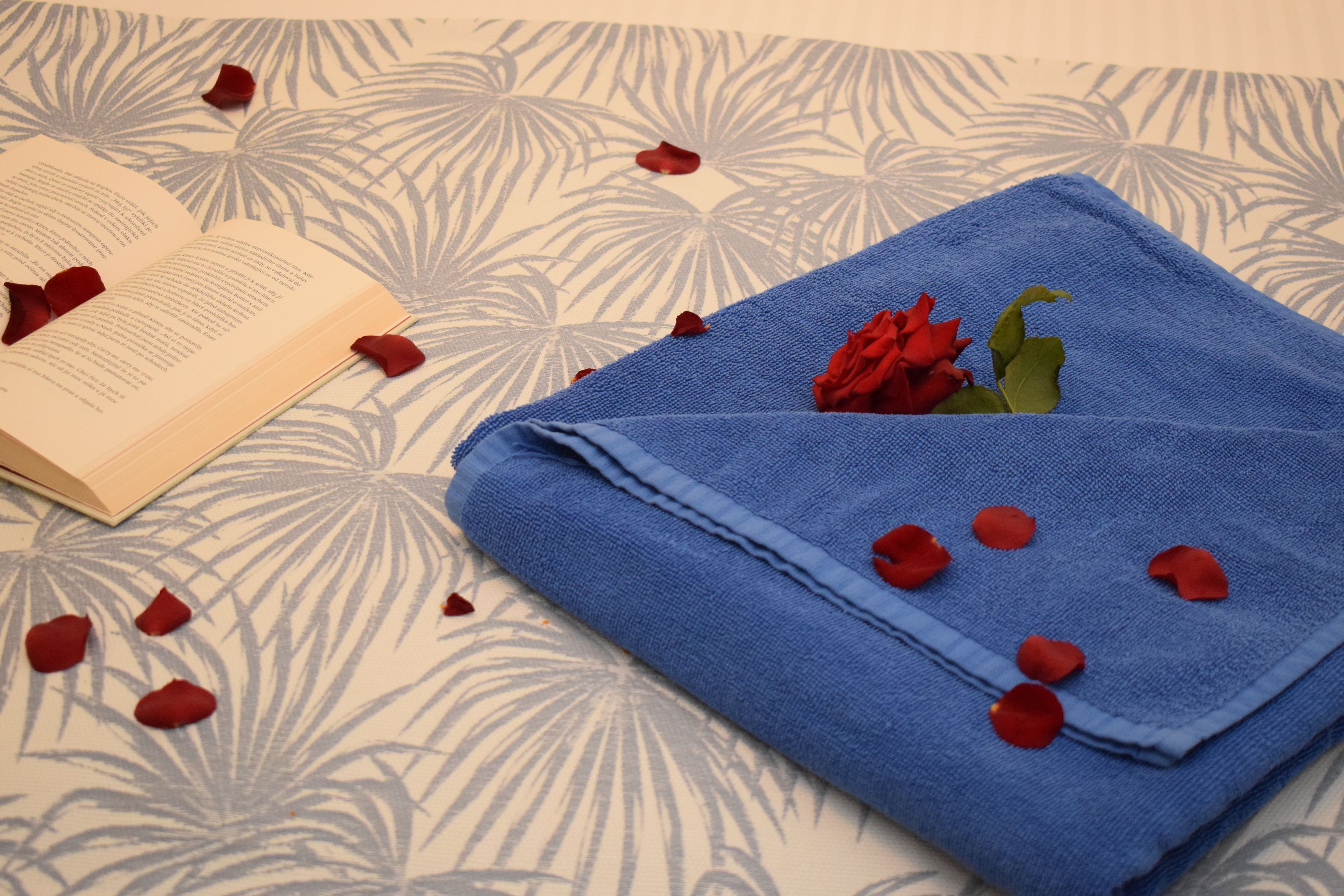 Una toalla azul doblada con pétalos de rosa y una rosa roja sobre una superficie de tela estampada.