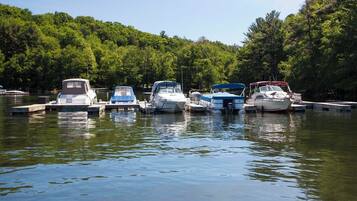 A row of boats docked at a marina surrounded by dense forest.
