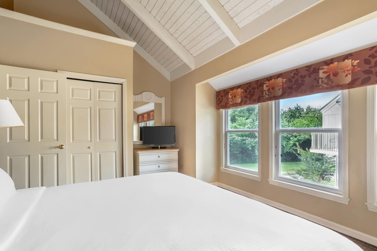 A bedroom with a large bed, a dresser, a television, and a window with a view of greenery.