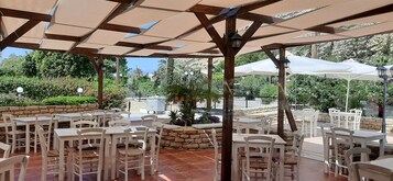 An outdoor patio with white tables and chairs, stone walls, and a pergola structure.