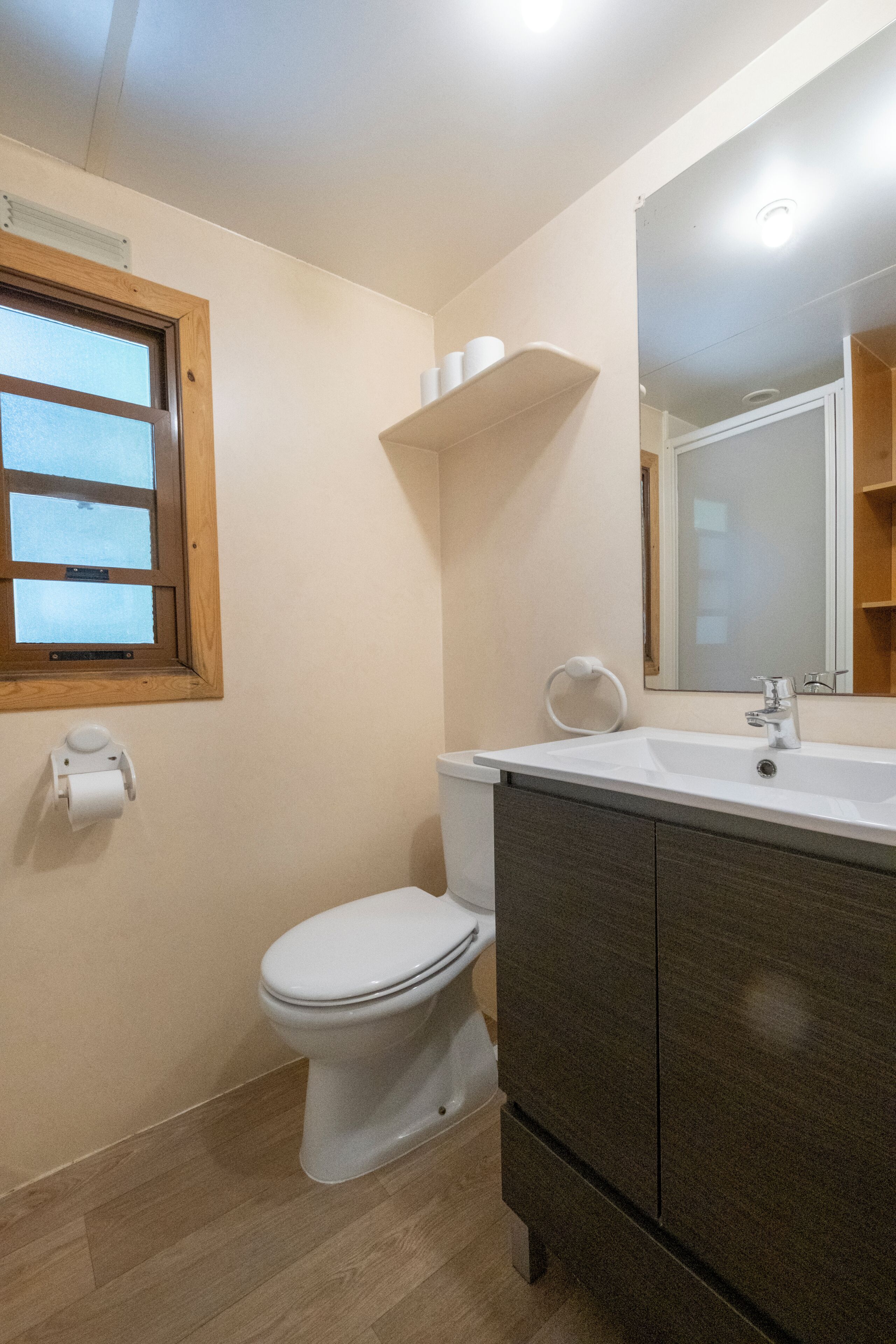 A bathroom with a toilet, sink, mirror, and wooden floor.