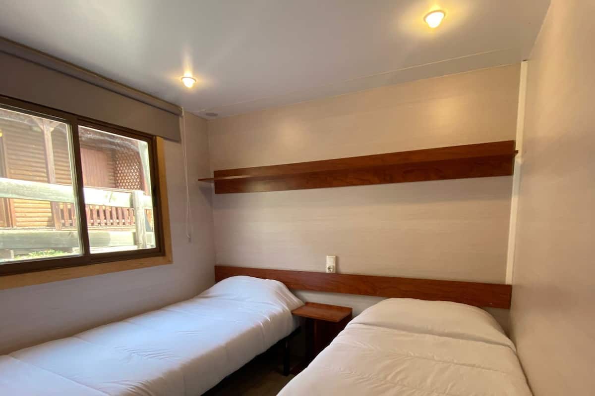Una habitación con dos camas individuales, cabecero de madera, ventana con vistas y una lámpara en el techo.