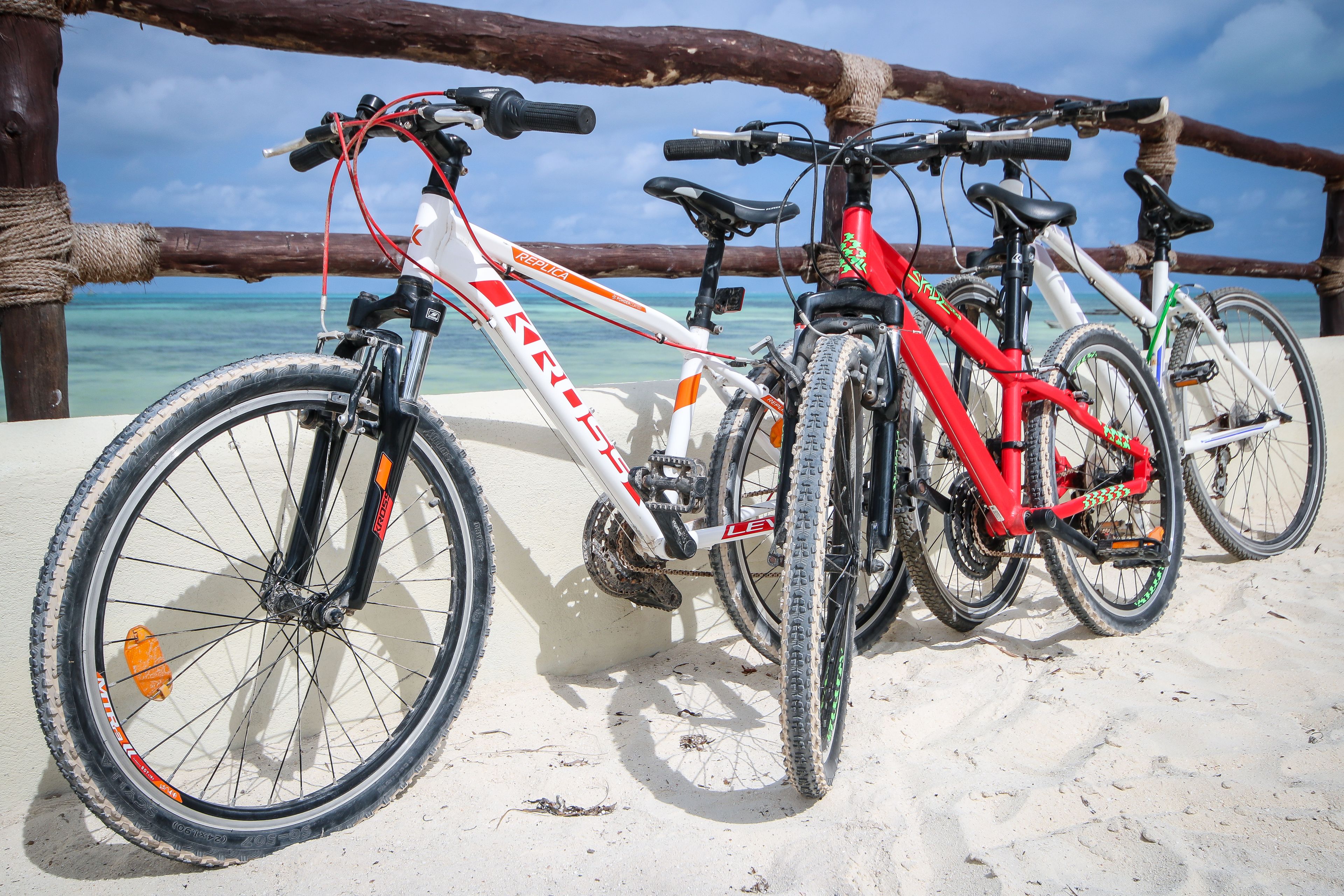 Three bicycles parked on a sandy beach with a wooden fence and ocean in the background.