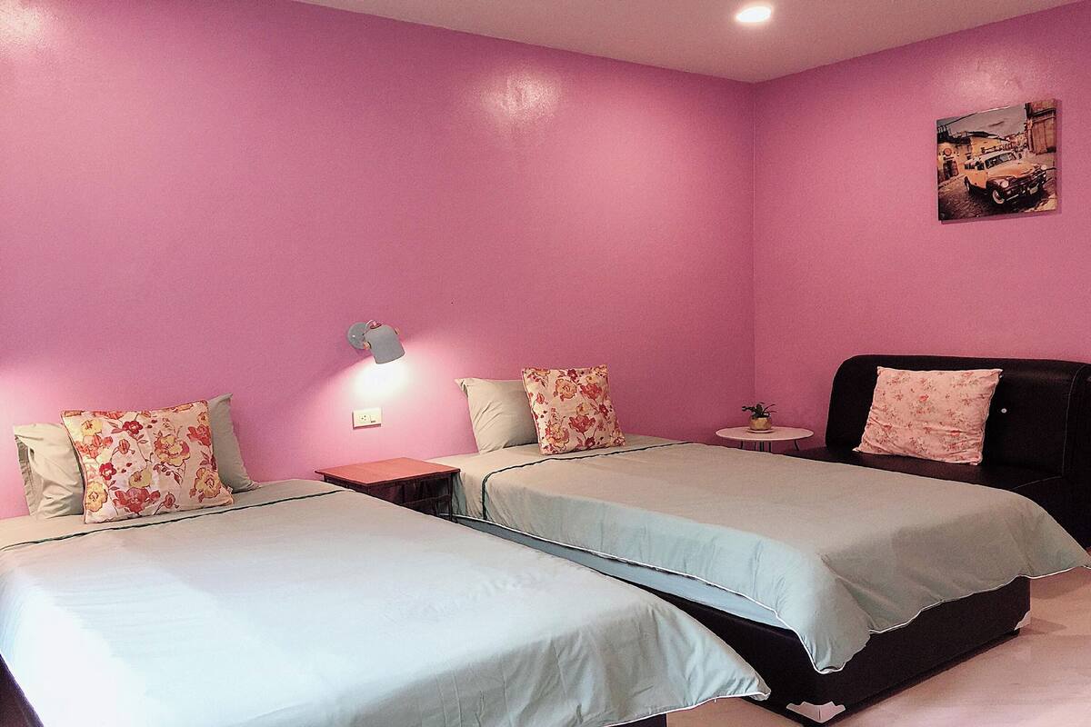 Une chambre avec deux lits, des murs roses et une petite table sur laquelle est posée une plante.