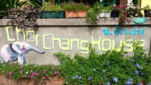 A building with a sign that reads "Chor ChangHouse" and a painted elephant. There are potted plants and flowers around the entrance.