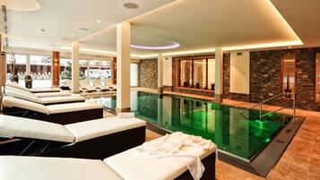 Indoor pool, open 10:00 AM to 8:00 PM, sun loungers