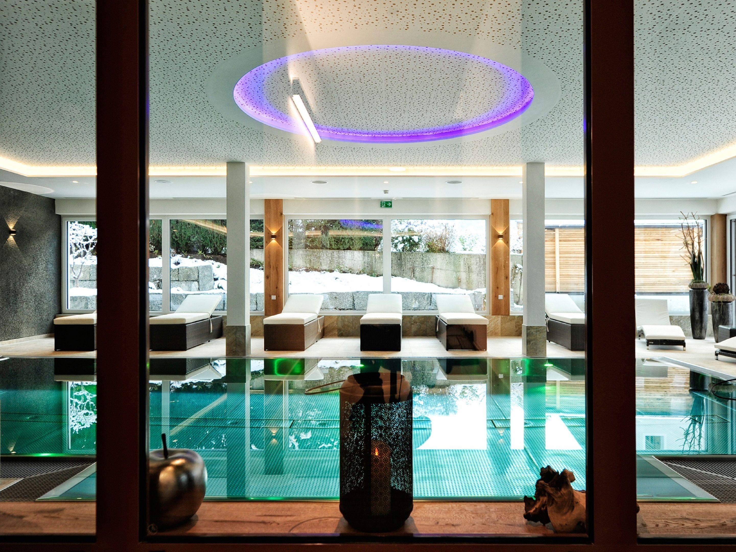 indoor pool, open 10:00 am to 8:00 pm, pool loungers