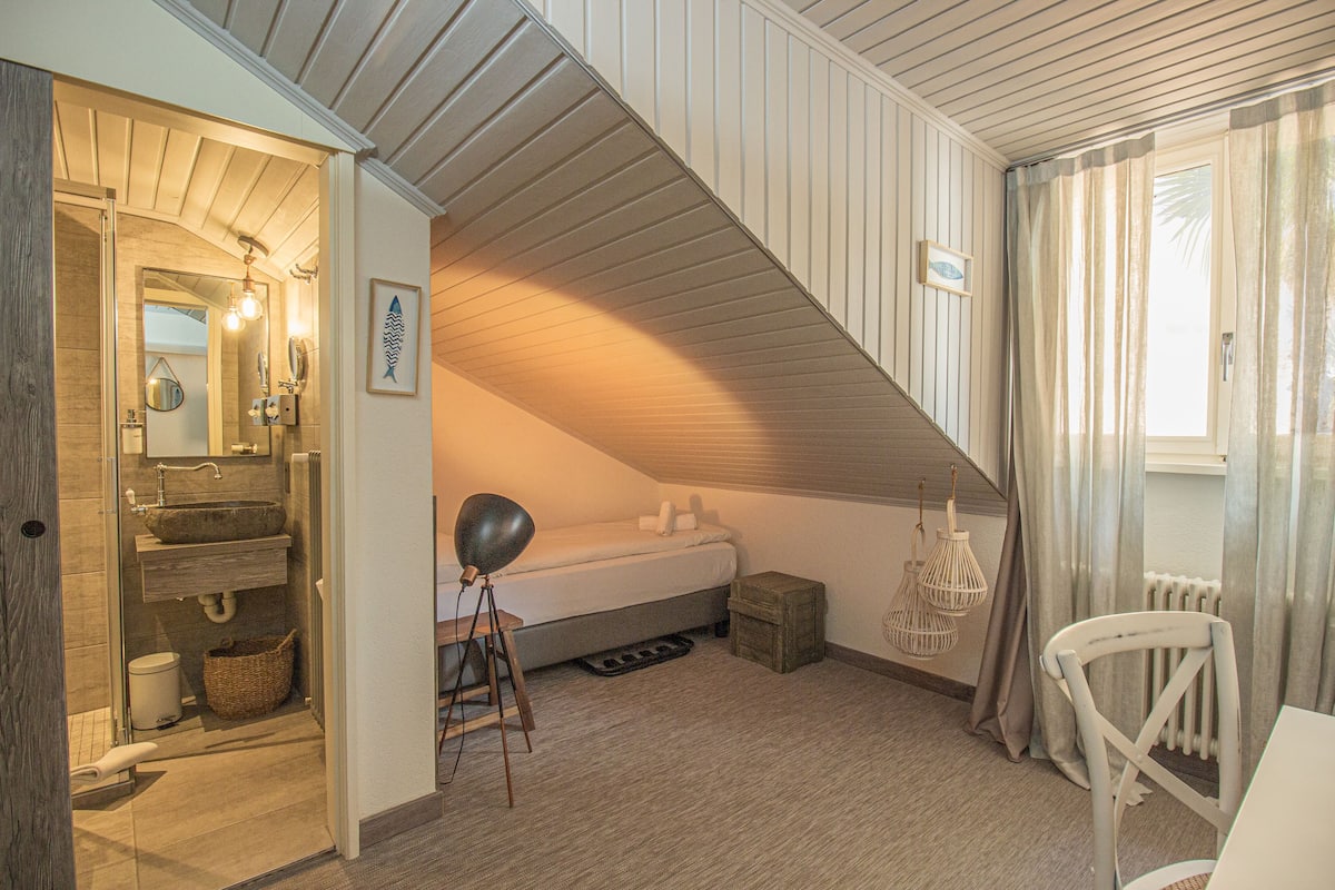 エコノミー シングル ルーム (with a mansard roof) | セーフティボックス (室内)、デスク、WiFi (無料)、客室ごとに異なる装飾