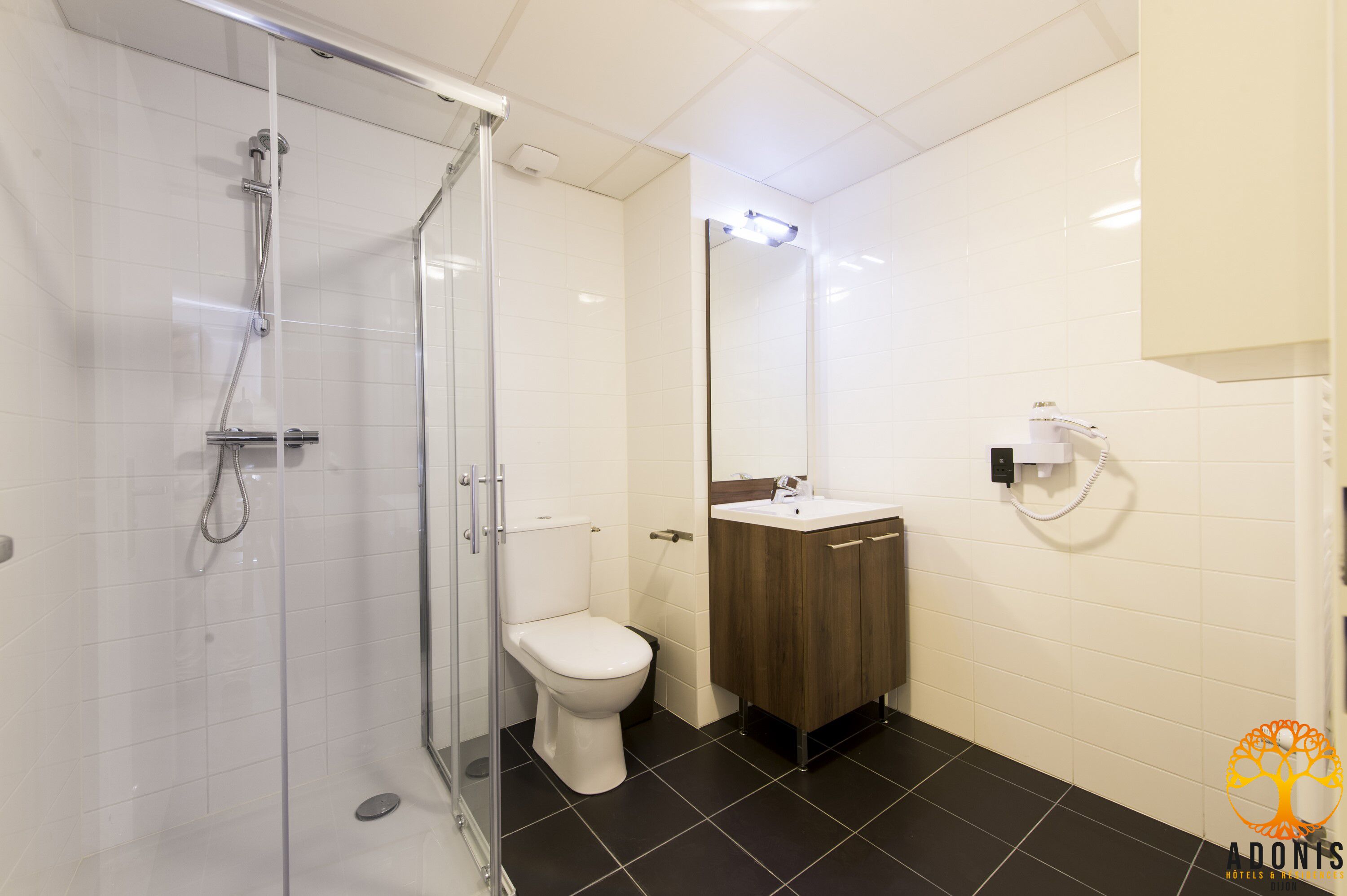 Une salle de bain moderne avec une douche à parois de verre, des toilettes blanches et un meuble-lavabo en bois.