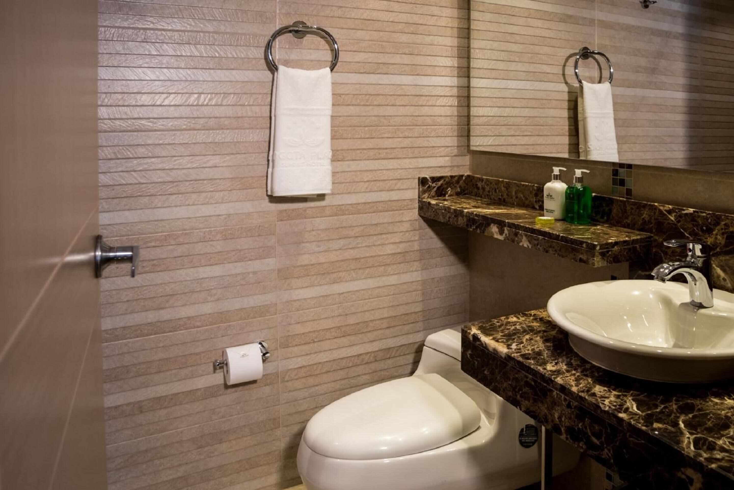Een badkamer met toilet, wastafel en handdoekhouder.