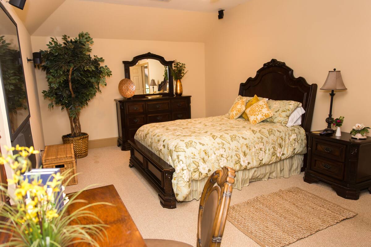 A bedroom with a bed, dresser, nightstand, lamp, potted plant, and a mirror.