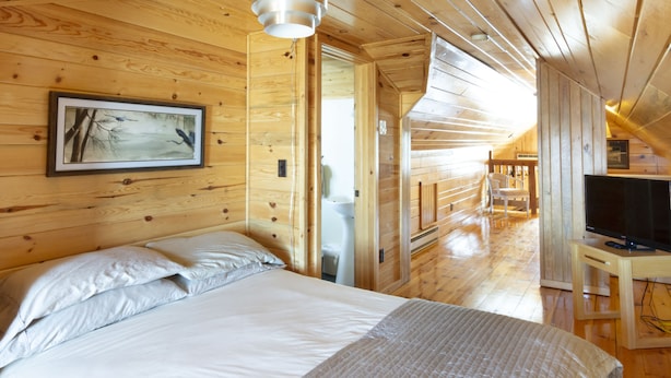 Ein Schlafzimmer einer Holzhütte mit einem Bett, einem Fernseher und einem Bild an der Wand.