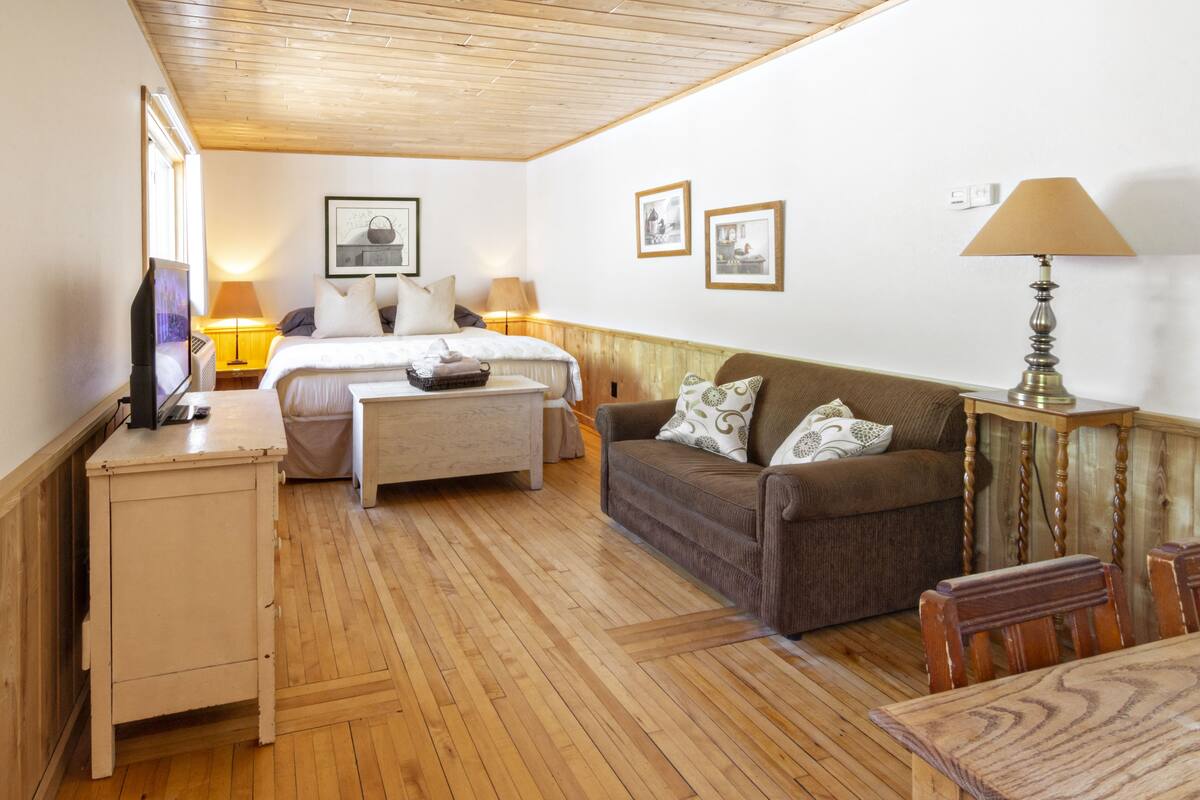A cozy room with a bed, a sofa, a small table, and a television.