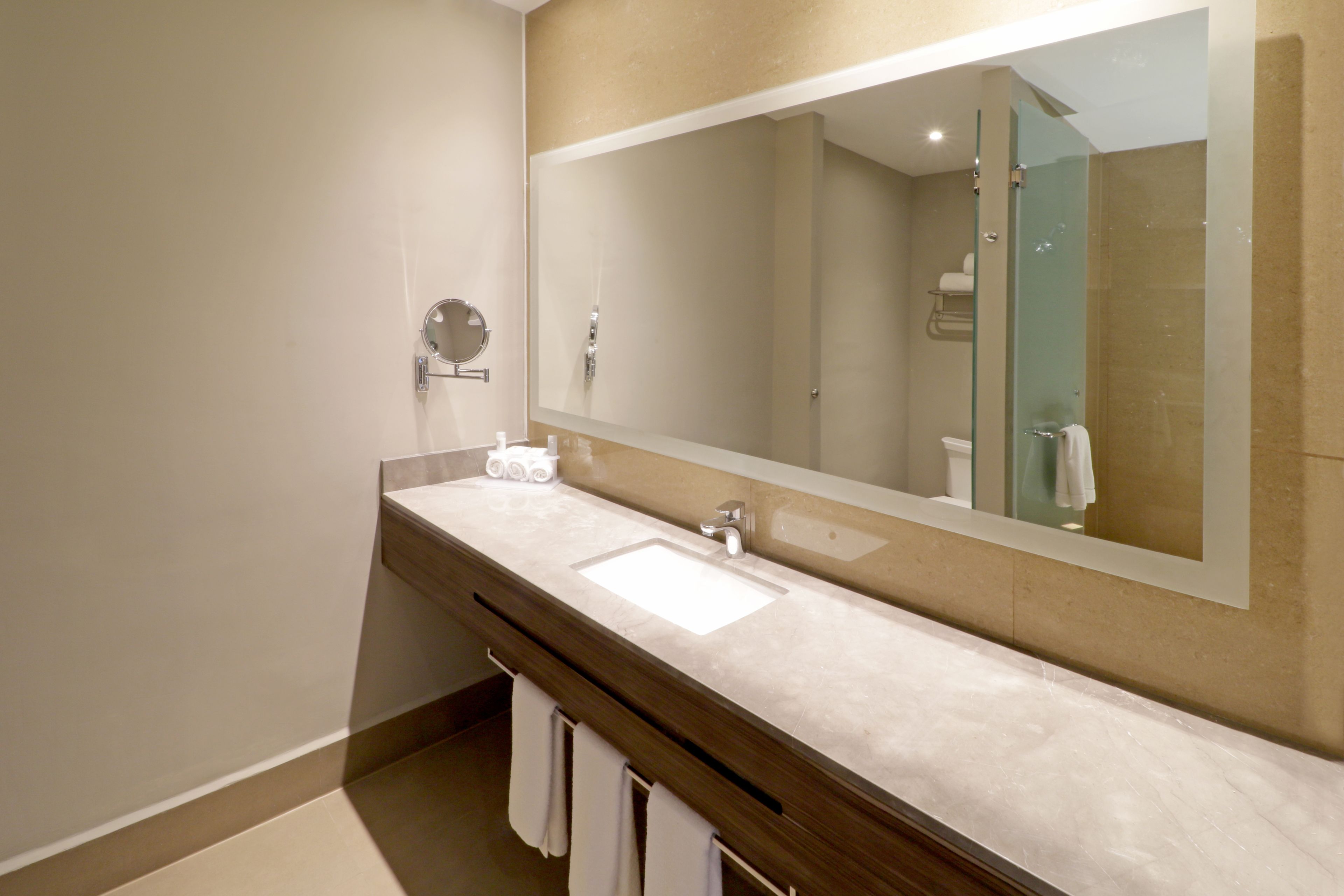 A modern bathroom with a large mirror, two sinks, and a glass shower enclosure.