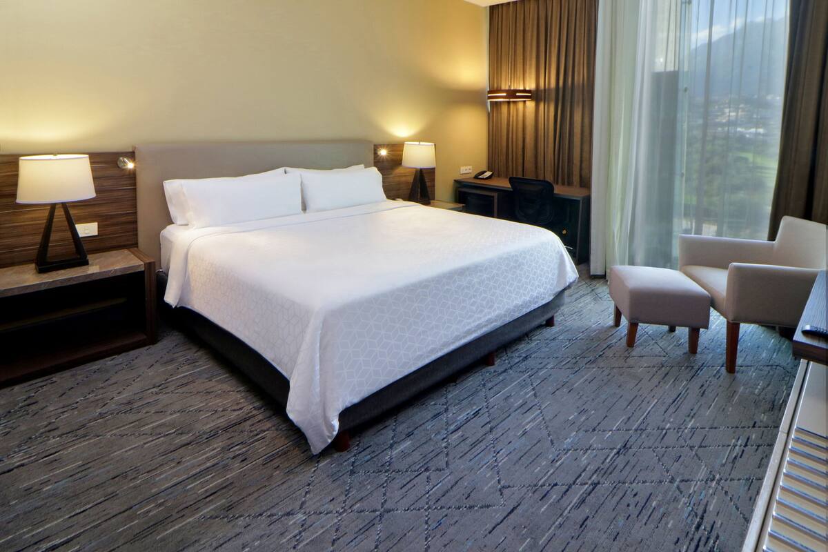 A hotel room with a large bed, two bedside tables with lamps, a desk with a chair, and a view of the outdoors through large windows.