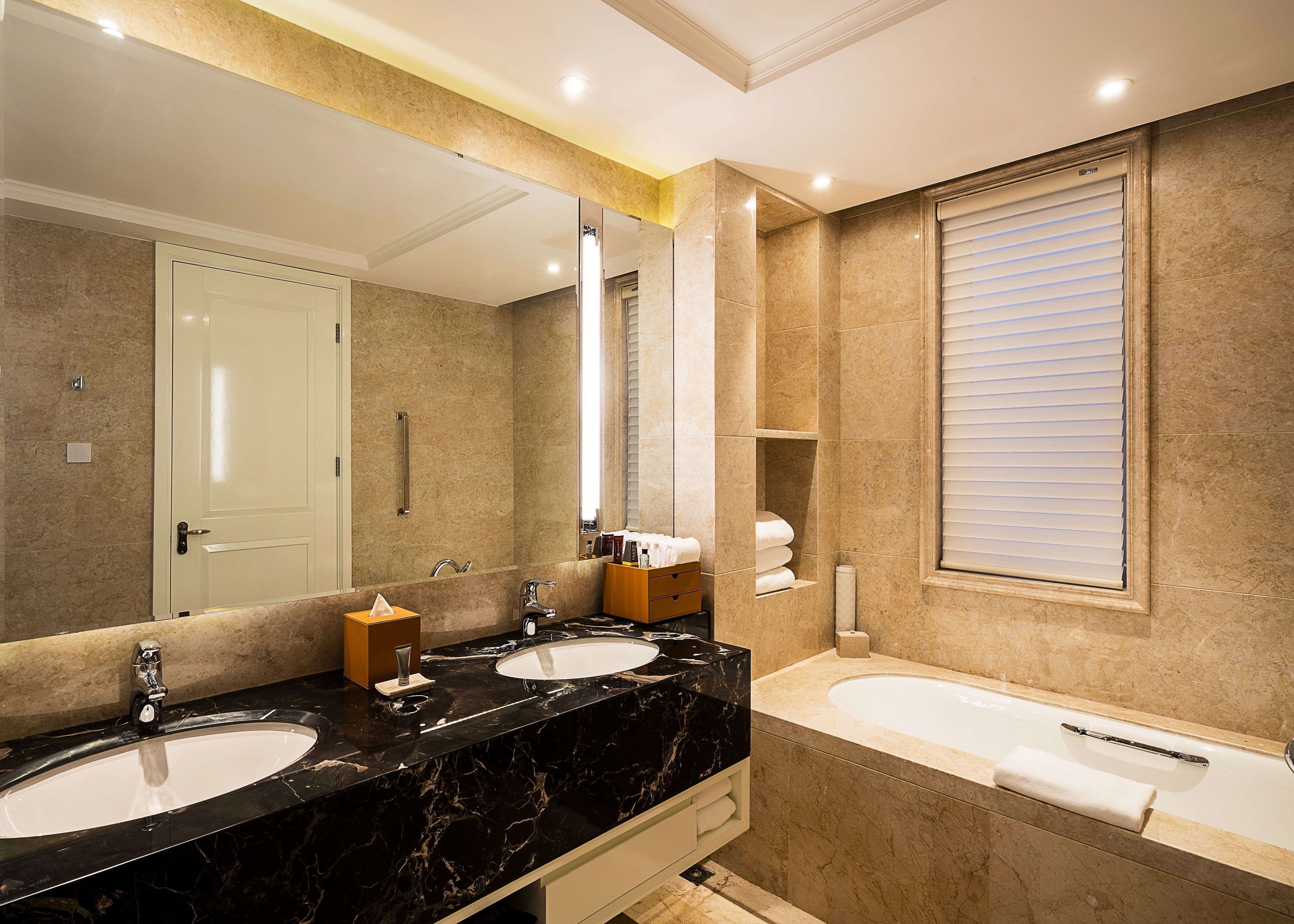 separate bathtub and shower, free toiletries, hair dryer, bathrobes