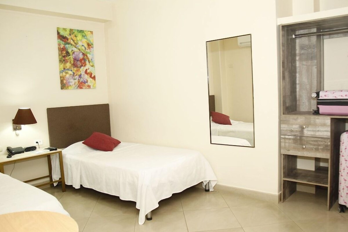 Habitación de hotel con una cama individual, una mesita de noche con lámpara, un espejo y un cuadro en la pared.
