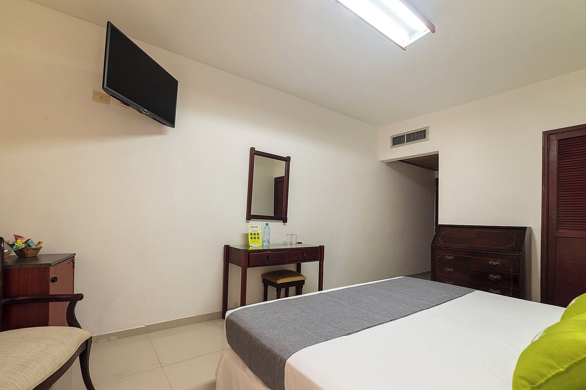 A hotel room with a bed, a desk, a chair, a mirror, a television, and a wardrobe.