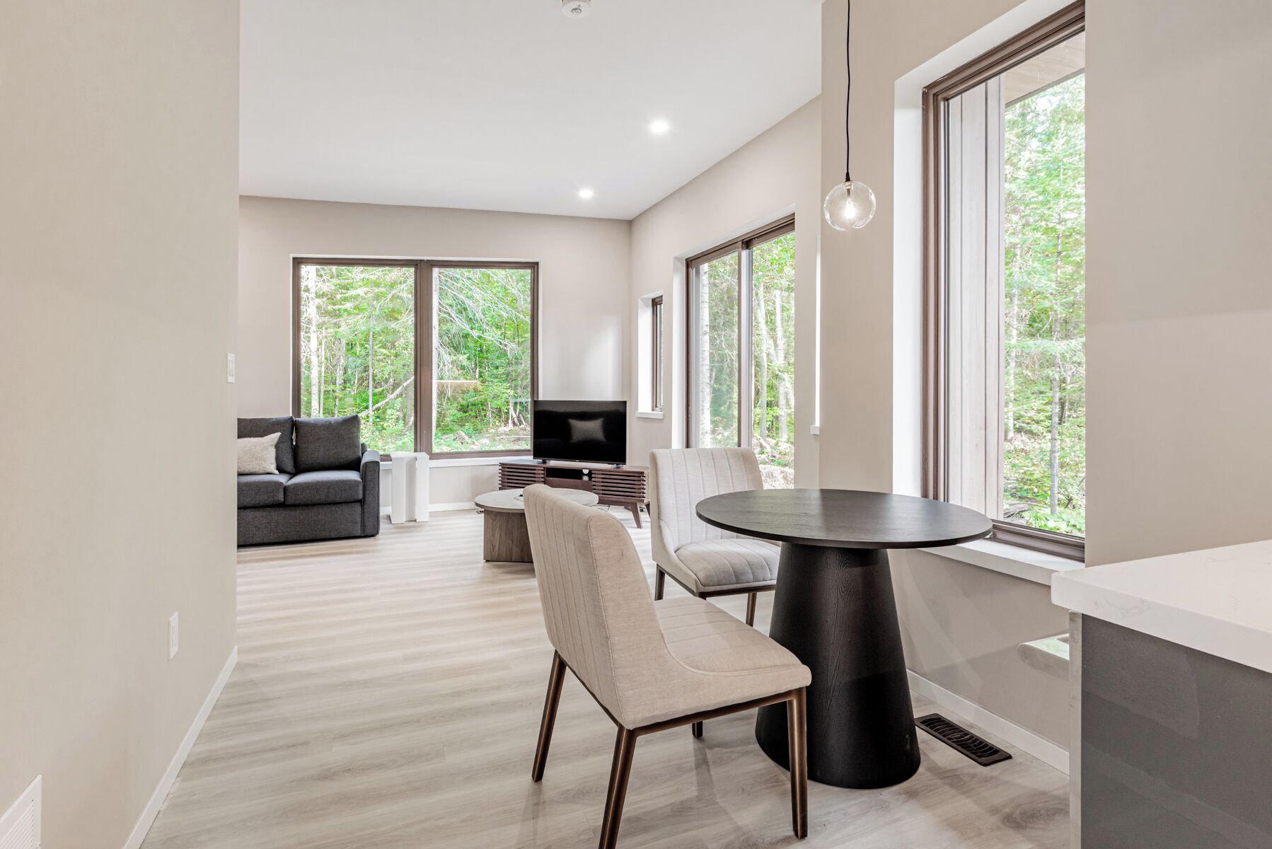 A modern living room with a sofa, a dining table, and a TV.
