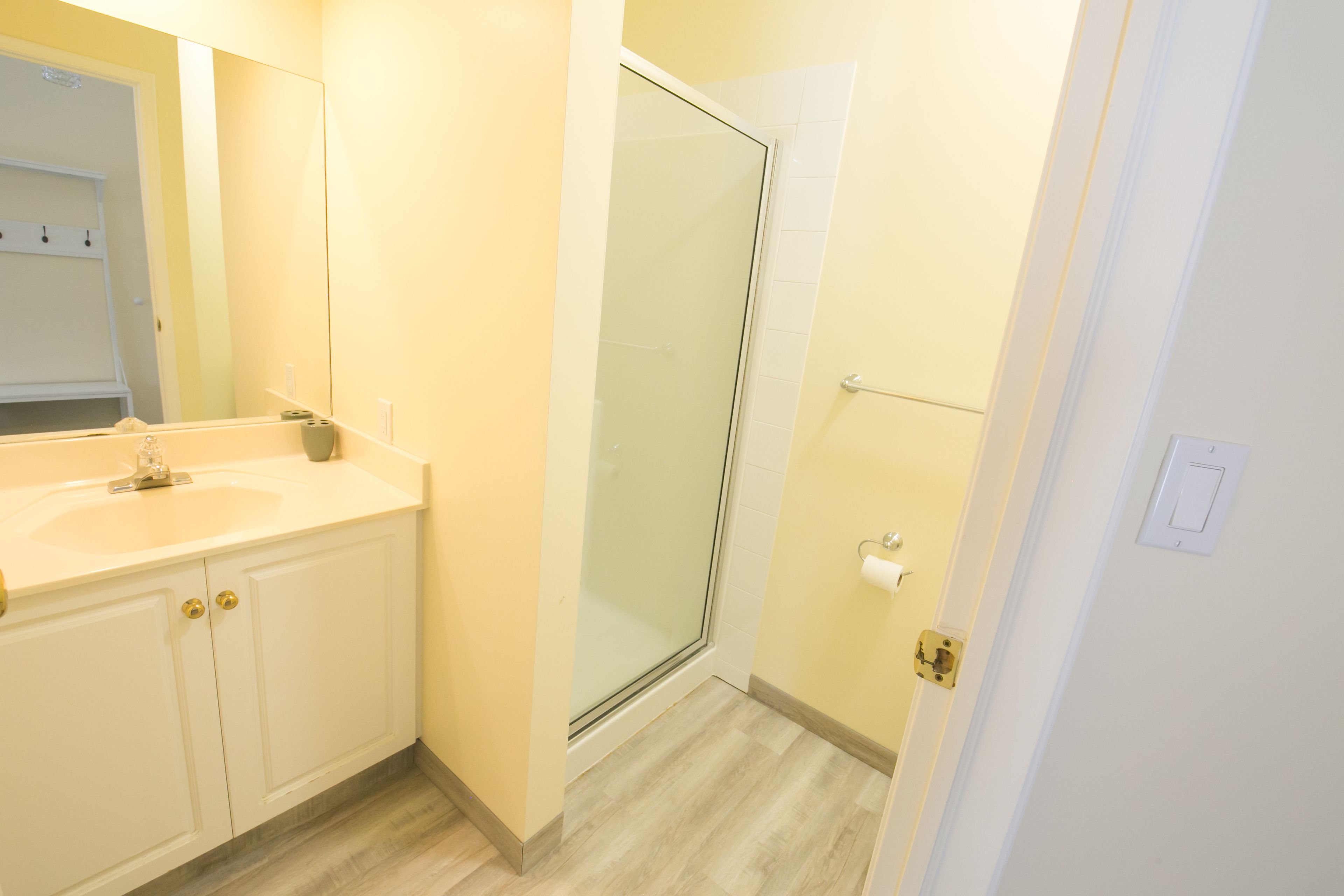 A bathroom with a sink, mirror, and shower.