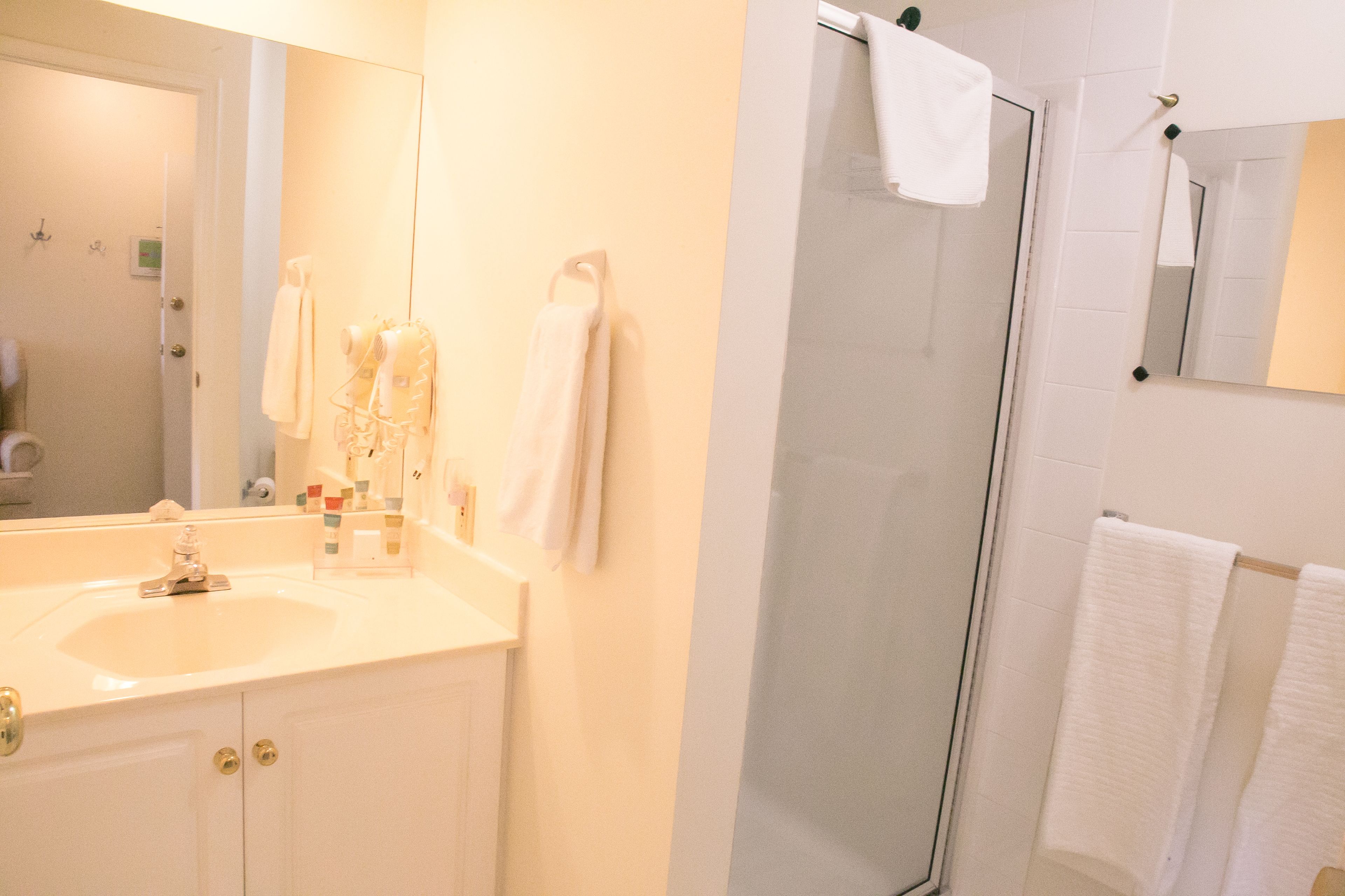 A bathroom with a sink, mirror, and shower.