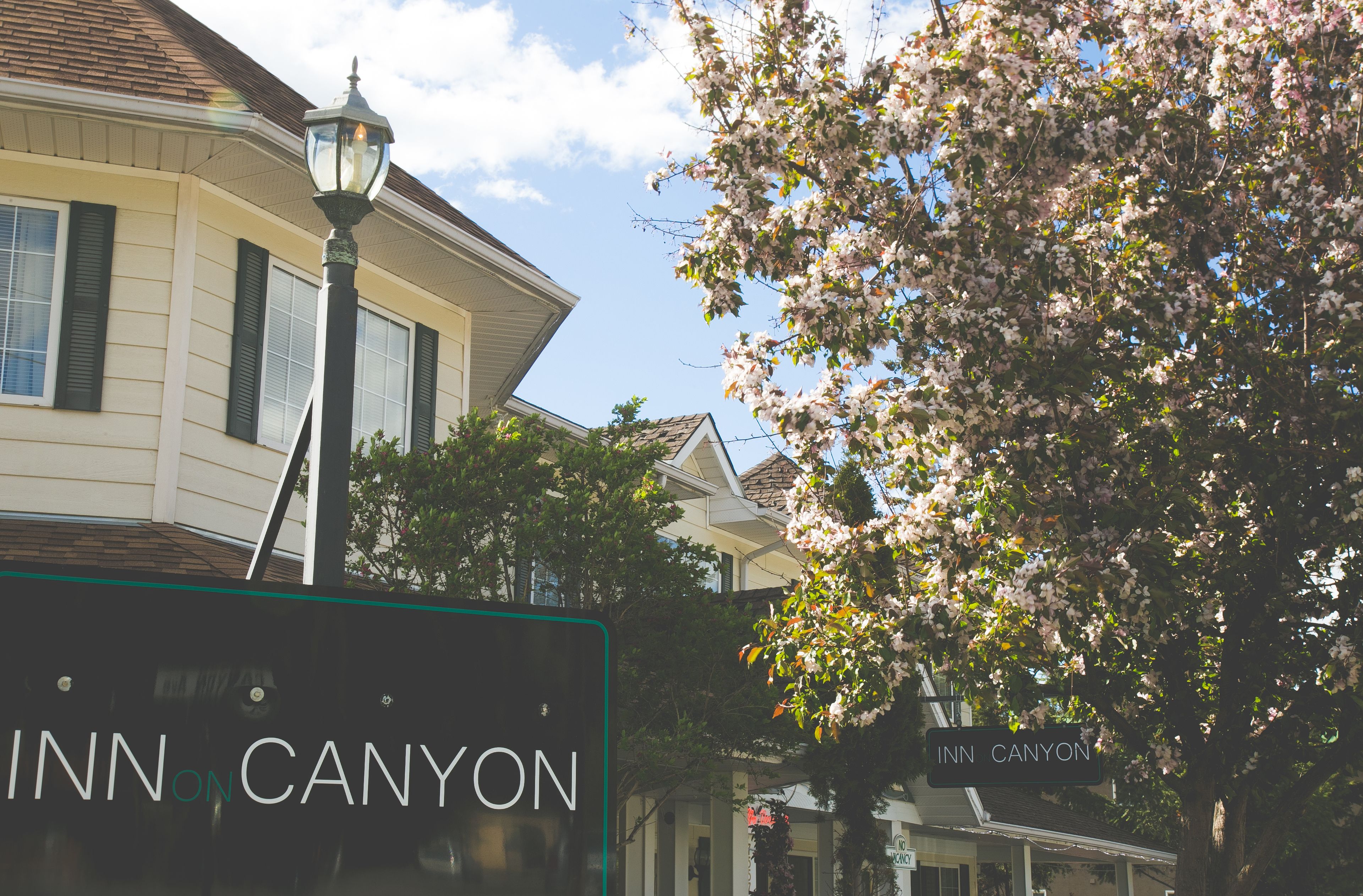 A street view with a sign for 'Inn on Canyon'.