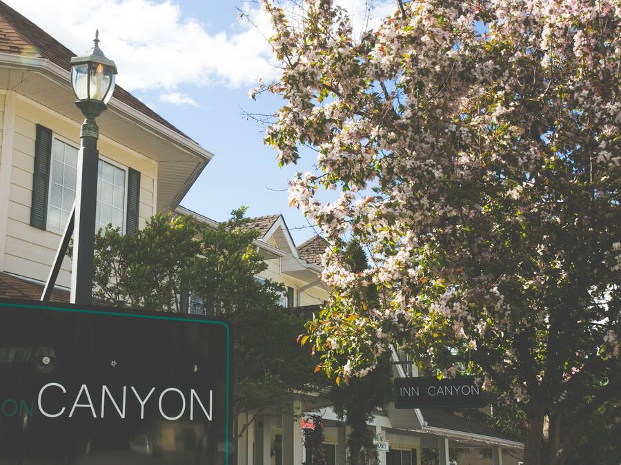A street view with a sign for 'Inn on Canyon'.