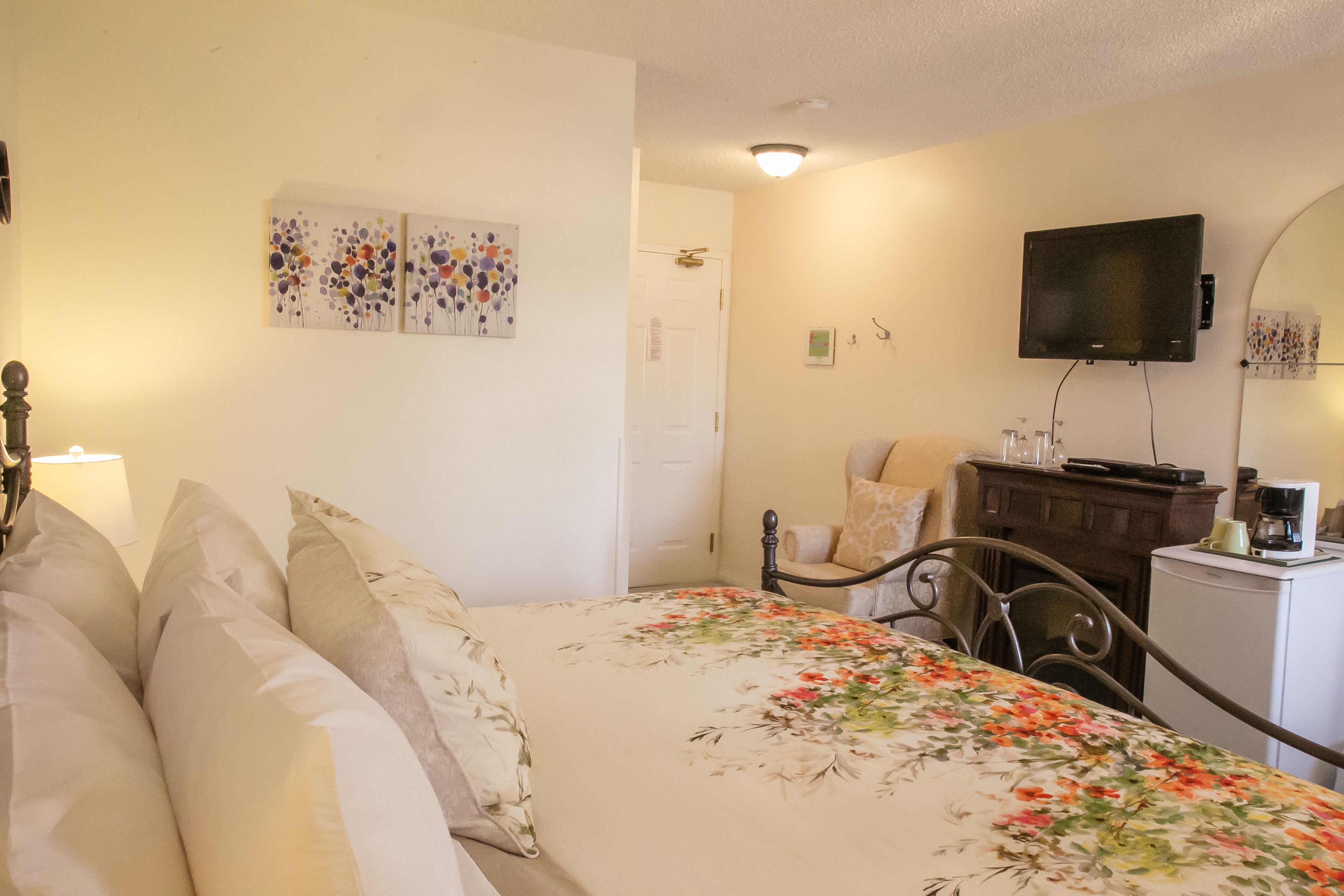 A bedroom with a bed, a dresser, a television, and a door.