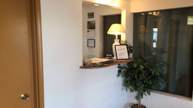 A reception area with a desk, a lamp, a framed message, and a potted plant.