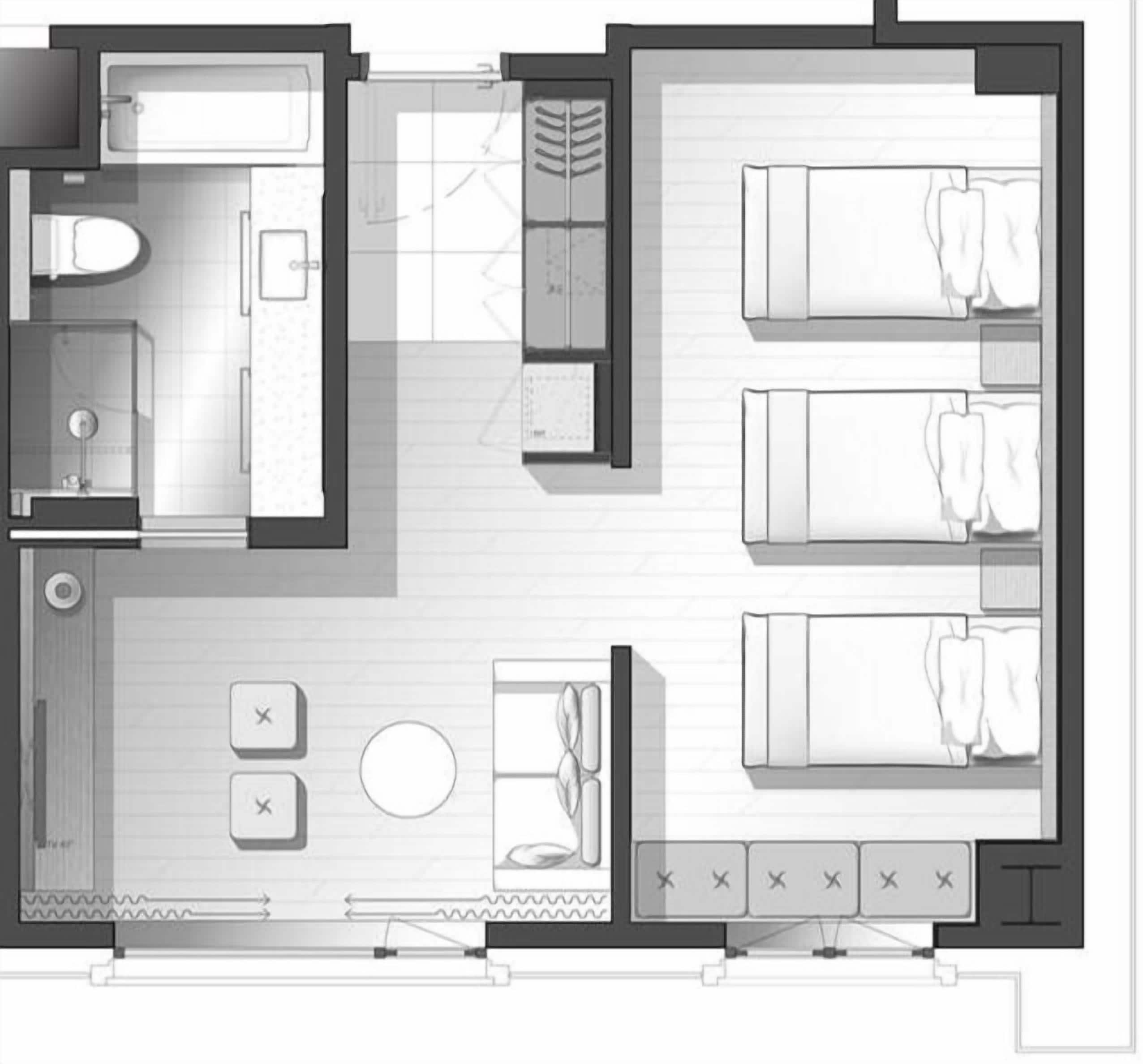 A hotel room layout with a bathroom, a sitting area with a table and chairs, and a bed.