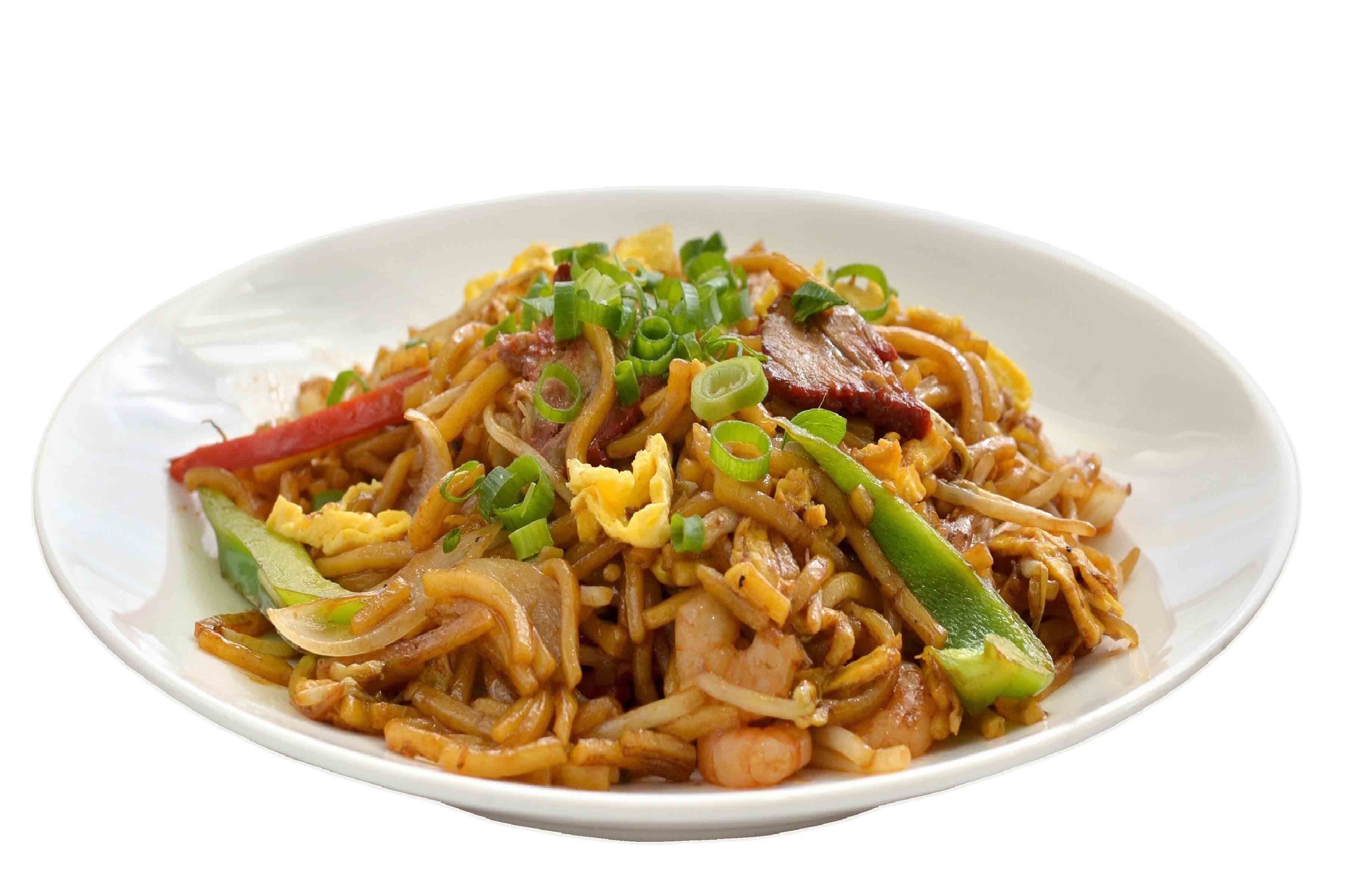 A plate of stir-fried noodles with vegetables and meat.