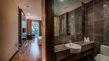 Shower, free toiletries, slippers, bidet