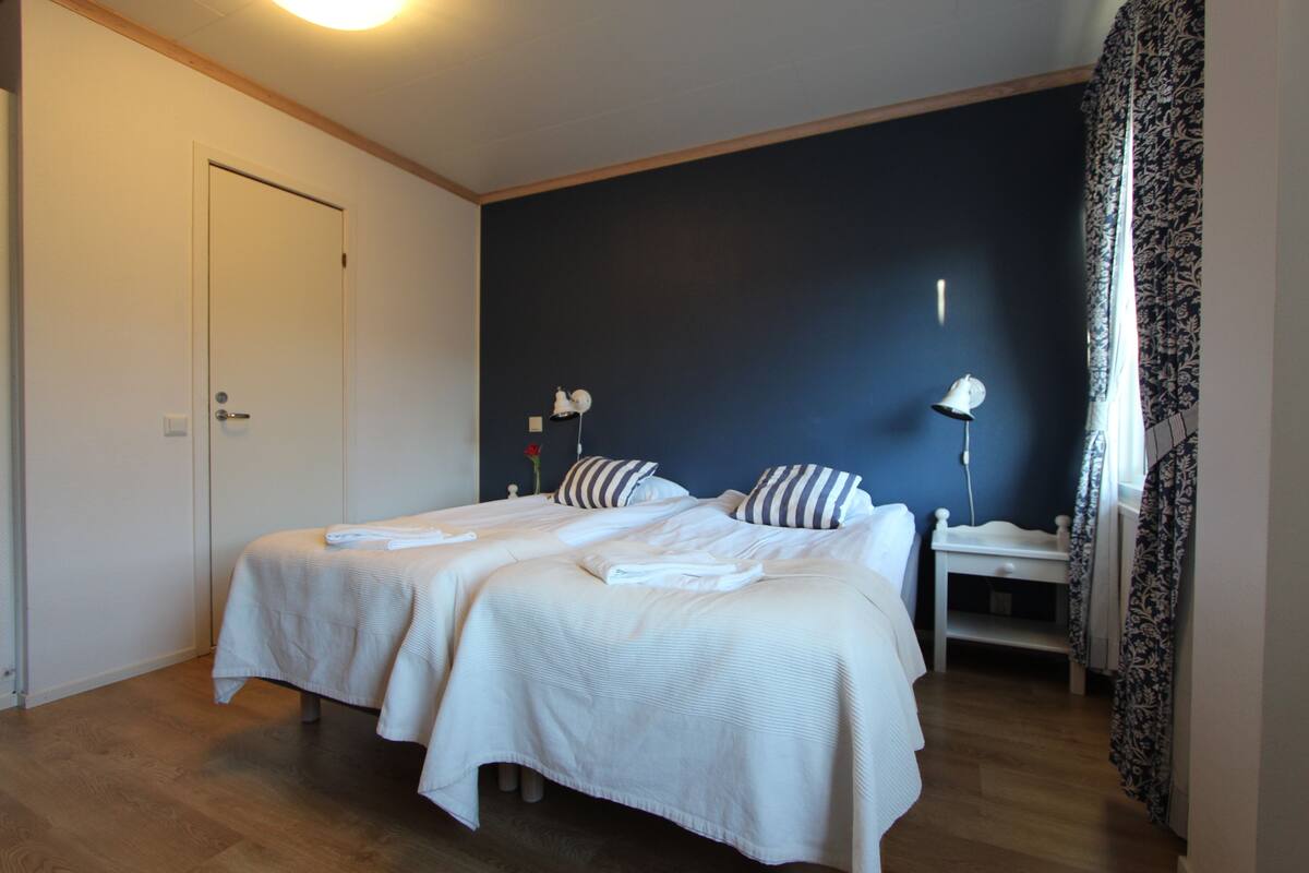 A double bed with white bedding, a bedside table with a lamp, and a dark blue accent wall.