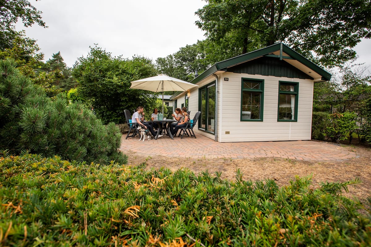 A small, single-story building with a green roof and white walls, number 53, surrounded by lush greenery and a paved patio area.