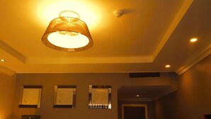 Una stanza con una lampada a sospensione, illuminazione a incasso e quadri appesi alle pareti.