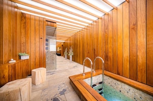 Un área de spa con paneles de madera, un banco de piedra, una pequeña piscina y una puerta de cristal que da a un pasillo.