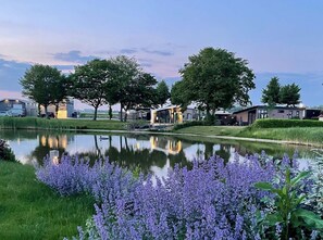 A serene lakeside setting with modern houses, a calm pond, and purple flowers in the foreground. - TopParken Recreatiepark het Esmeer (Aalst)