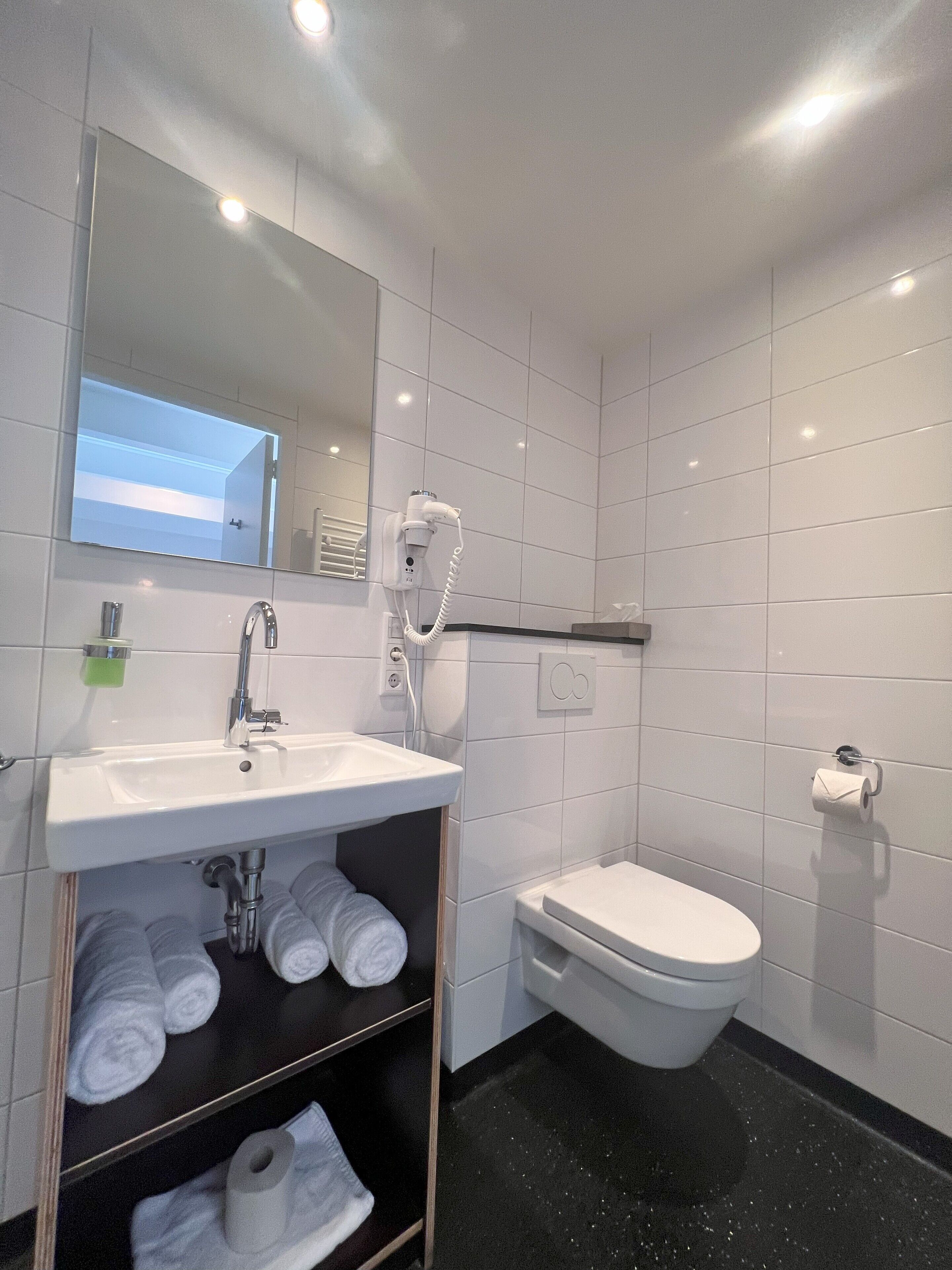 comfort room | bathroom | shower, rainfall showerhead, designer toiletries, hair dryer