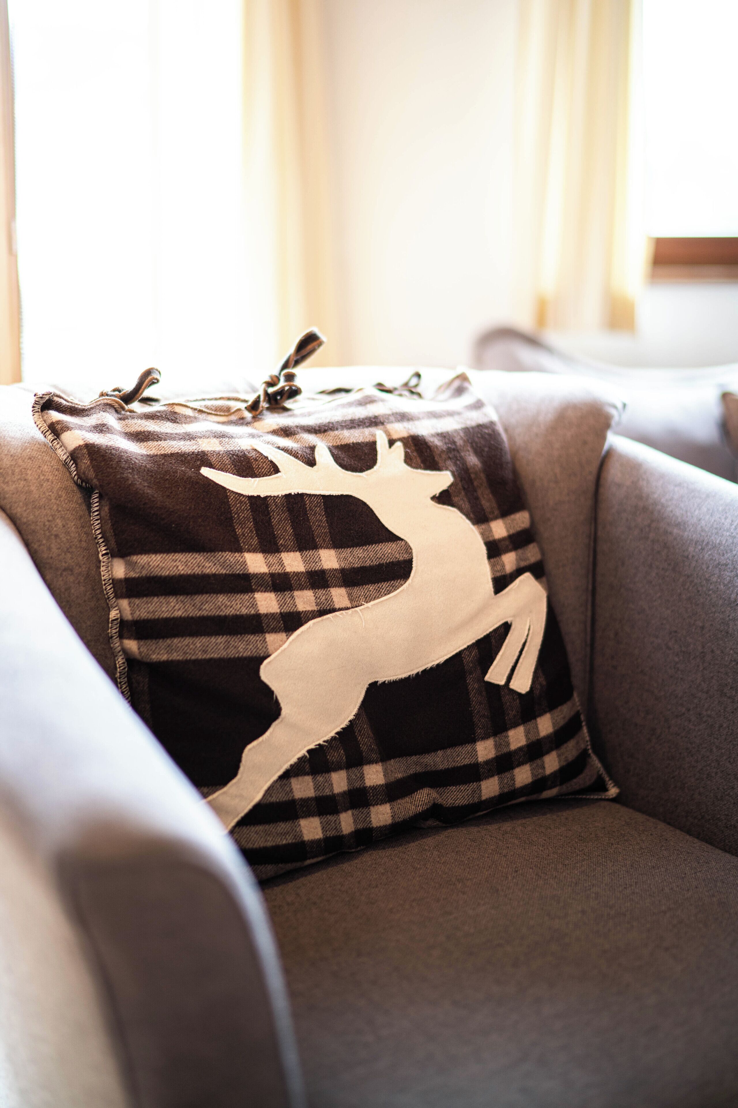 A sofa with a plaid blanket featuring a deer design.