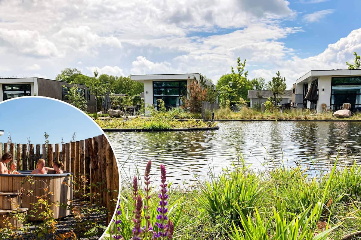 A modern building complex with a central water feature, surrounded by lush greenery and a wooden fence.