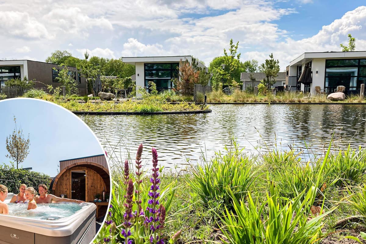 A modern outdoor pool area with a hot tub, surrounded by lush greenery and modern buildings.