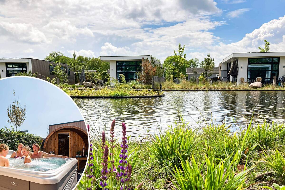 Un hotel moderno con piscina, mobiliario de exterior y un jacuzzi.
